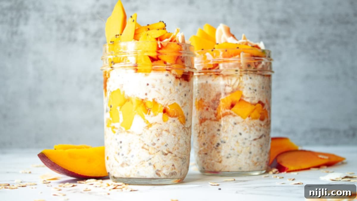 Tropical Mango Overnight Oats 5 Mango Overnight Oats in jars ready for the fridge