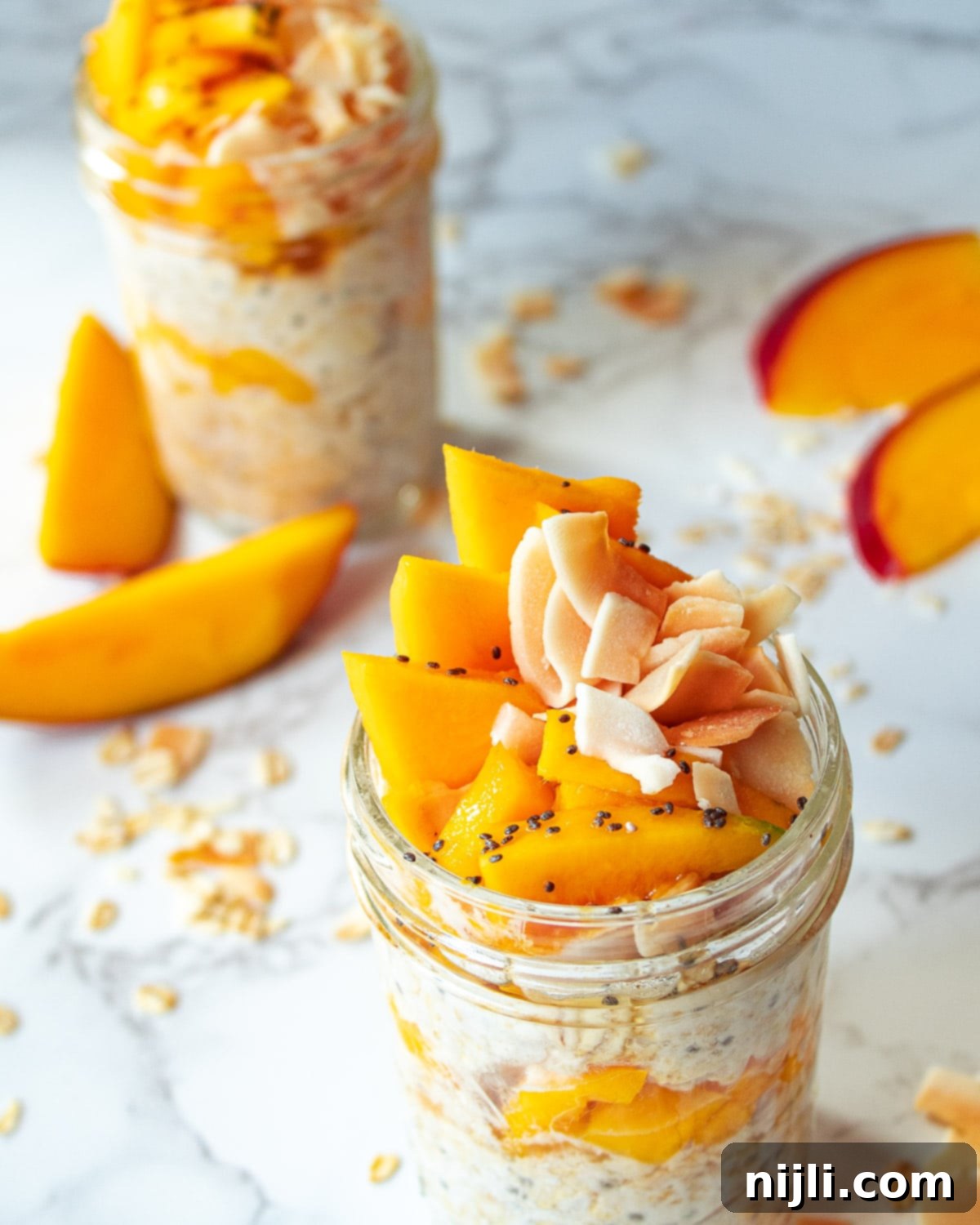Tropical Mango Overnight Oats 6 Angle shot of Mango Overnight Oats with Yogurt