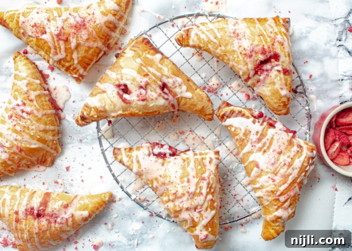 Sweet Strawberry Hand Pies 3 Freshly baked and iced strawberry turnovers on a cooling rack