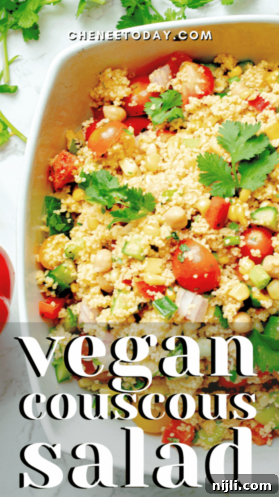 Vibrant Vegan Couscous & Chickpea Salad 7 Pin this Vegan Couscous Salad - Cold Couscous Salad with Cumin Lime Dressing! for later meal ideas.