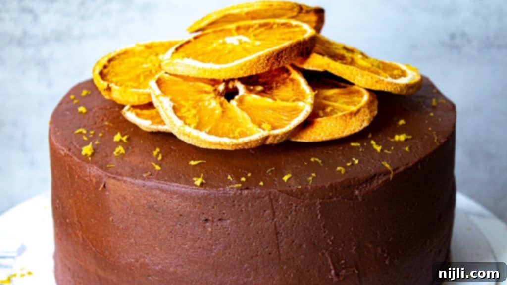 Zesty Chocolate Orange Sensation 3 frosted chocolate orange cake decorated with dehydrated orange slices