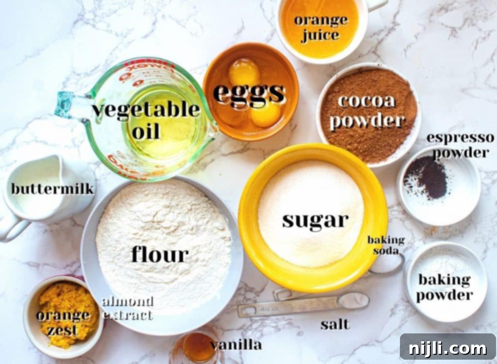 Zesty Chocolate Orange Sensation 4 chocolate orange cake ingredients seen from above