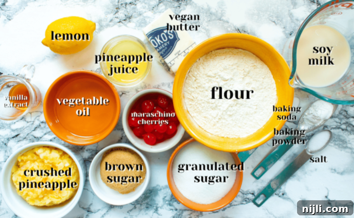 Ingredients for making vegan pineapple upside down cake