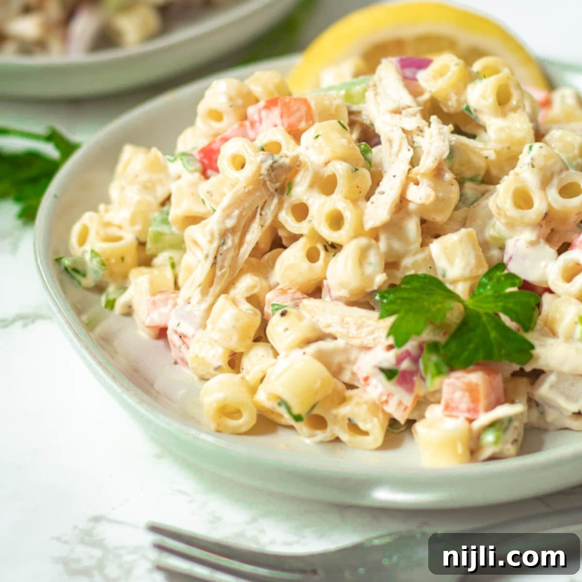 Classic Chicken Macaroni Salad 6 chicken macaroni salad on a plate with a lemon wedge