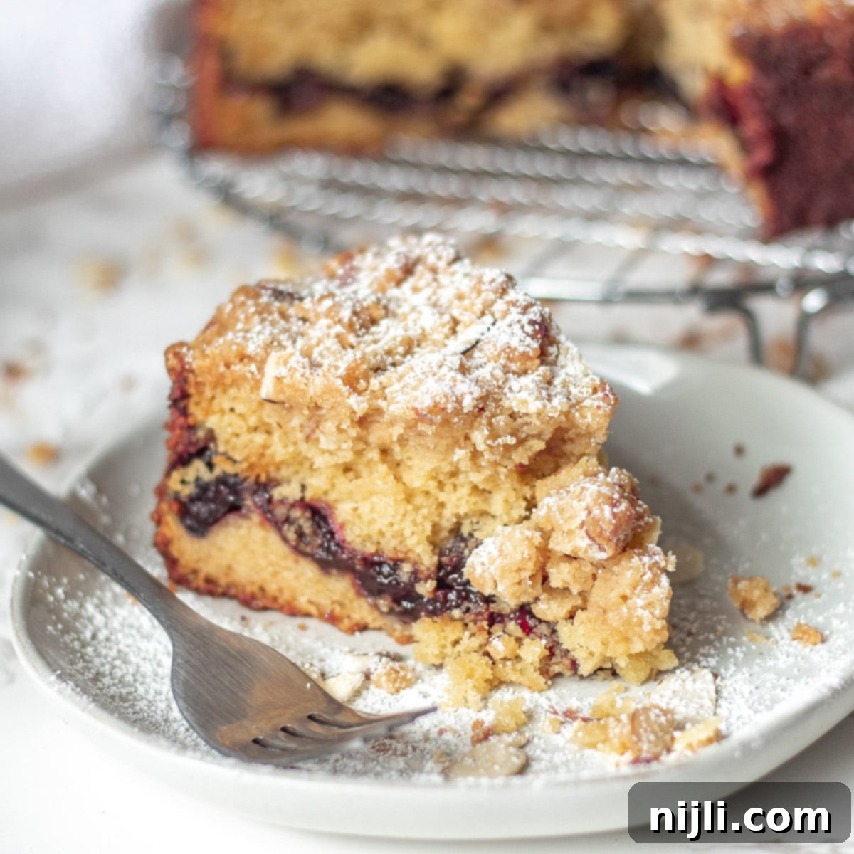 A delectable slice of cherry coffee cake adorned with a golden crumb topping and a hint of powdered sugar, presented on a pristine white plate, inviting indulgence.