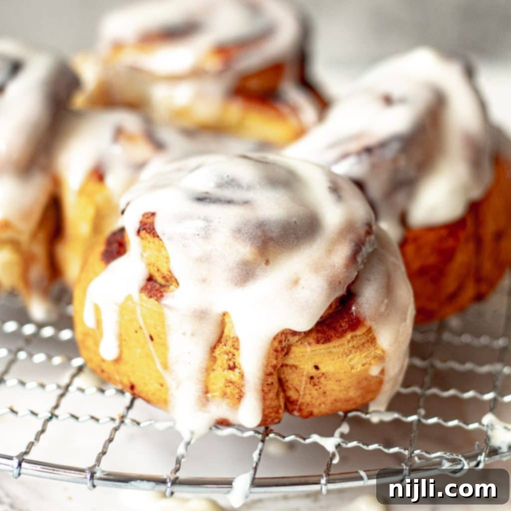 Air-Fried Cinnamon Rolls 6 glazed cinnamon rolls on a wire rack, showing a perfect rise