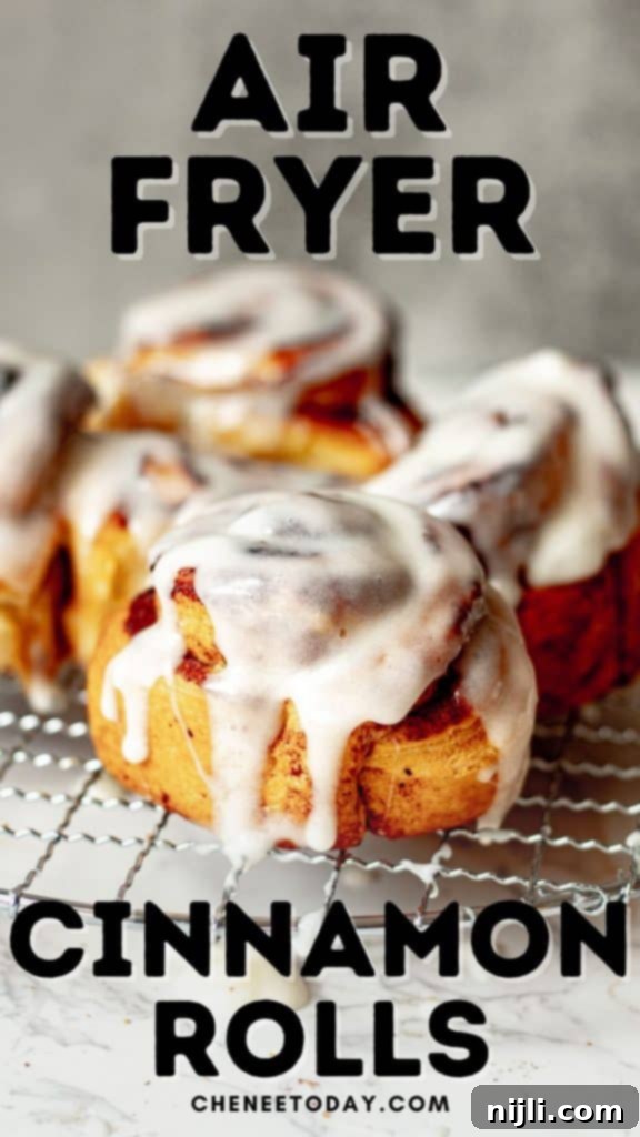 Air-Fried Cinnamon Rolls 9 shot of air fryer cinnamon rolls with text: Air Fryer Cinnamon Rolls - Chenée Today