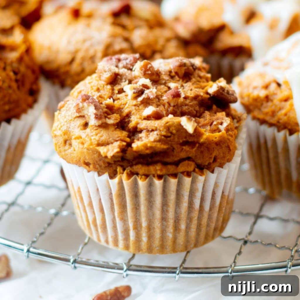 Effortless 3 Ingredient Pumpkin Muffins 2 close up of easy 3 ingredient pumpkin muffins on wire rack