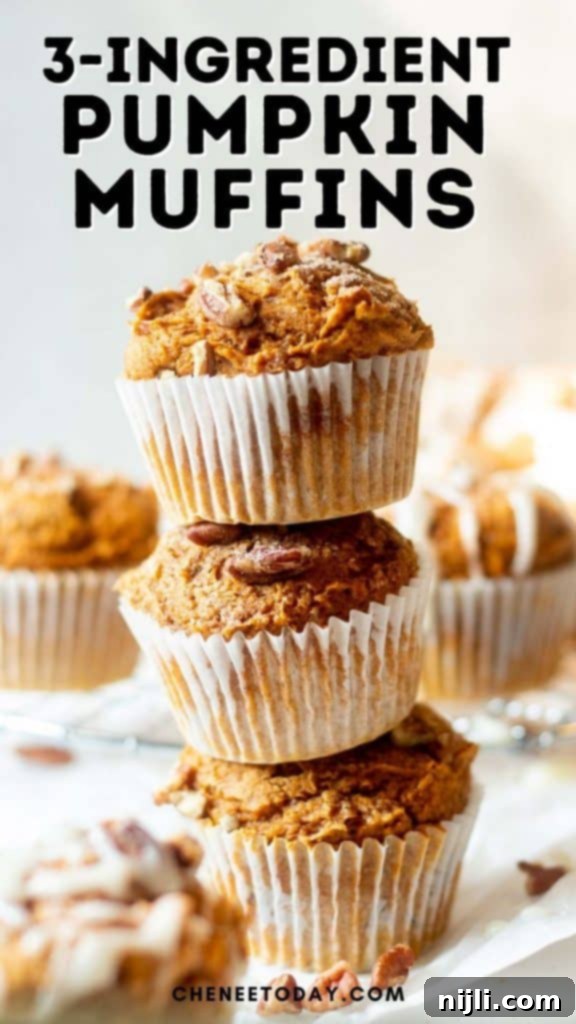 Effortless 3 Ingredient Pumpkin Muffins 8 stack of pumpkin muffins with the text "3 ingredient pumpkin muffins"