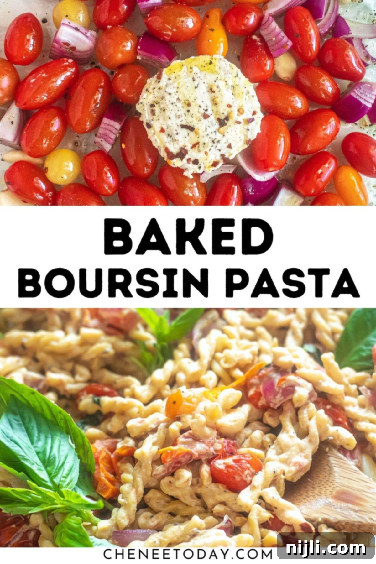 shots of baked boursin pasta recipe before and after baking