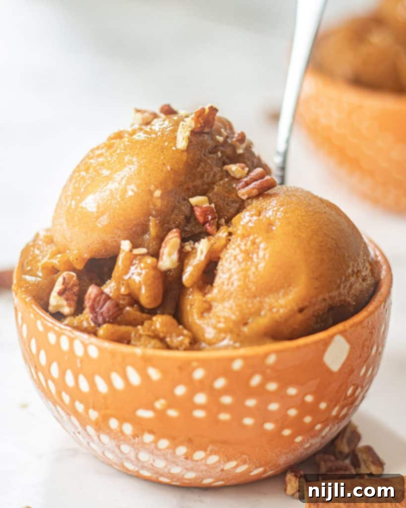Wholesome Pumpkin Whip 4 Creamy pumpkin nice cream in a bowl, generously topped with roasted pecans, ready to eat.