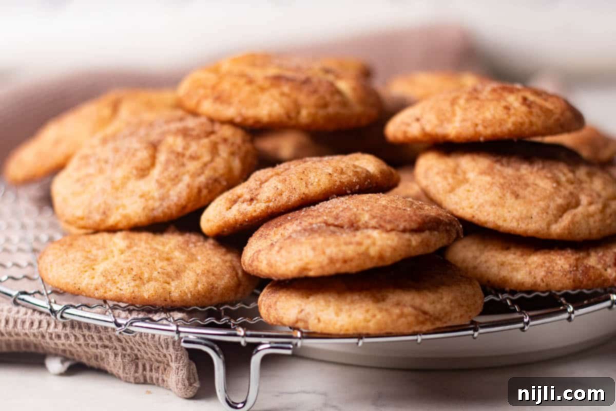 Tartar-Free Snickerdoodle Delights 5 Pile of snickerdoodle cookies cooling on a wire rack, showing their soft texture and cinnamon-dusted tops.