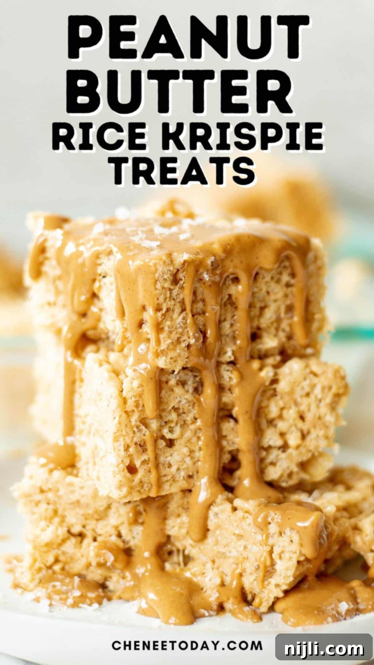 Peanut Butter Krispie Bars 7 Pin for peanut butter Rice Krispie treats - treats stacked together and drizzled with melted peanut butter