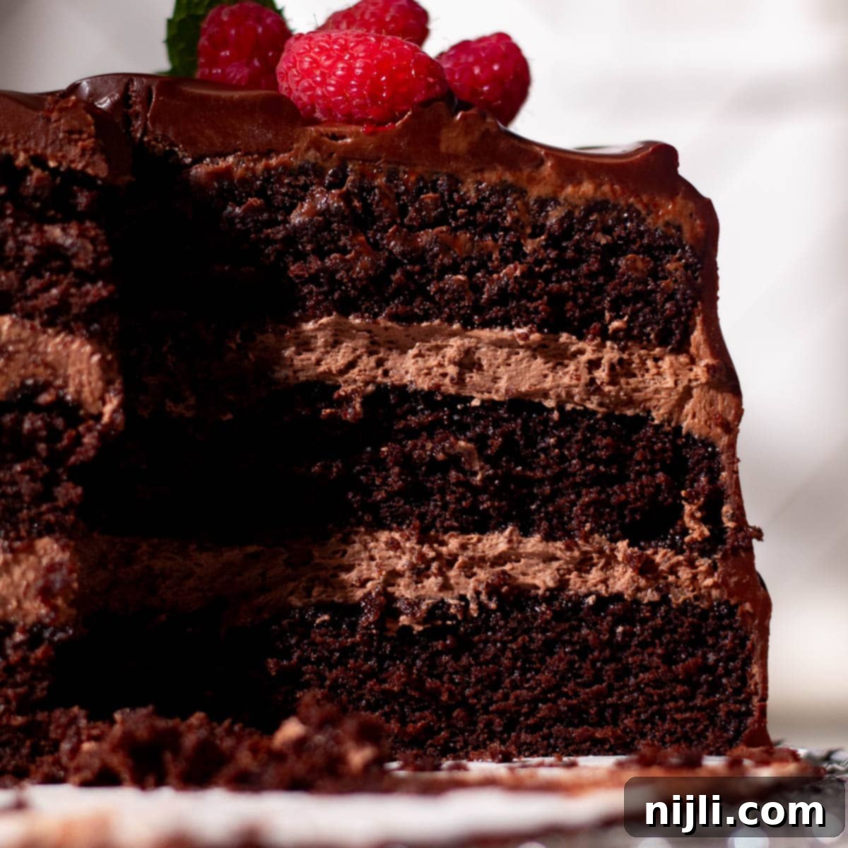 Moist chocolate cake with chocolate mousse filling between layers, topped with thick chocolate ganache and fresh berries.