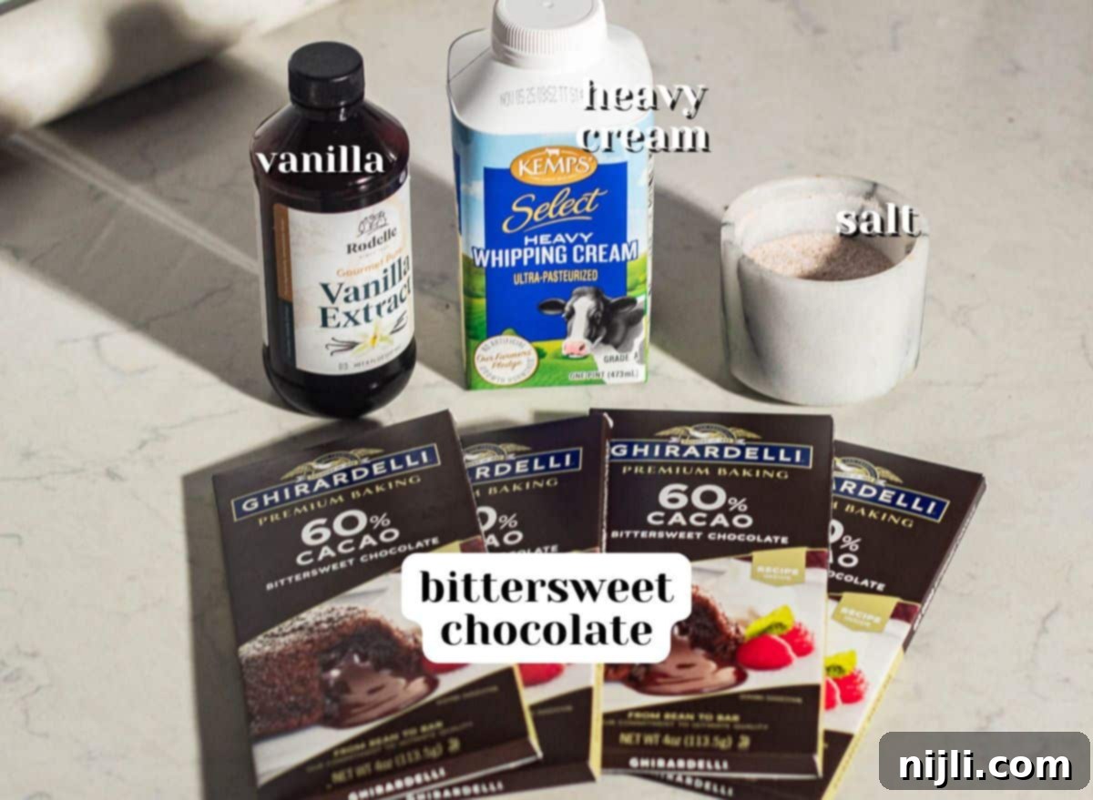 Ingredients for chocolate mousse filling including bittersweet chocolate, heavy whipping cream, vanilla extract, and salt, perfect for a homemade chocolate mousse cake recipe.
