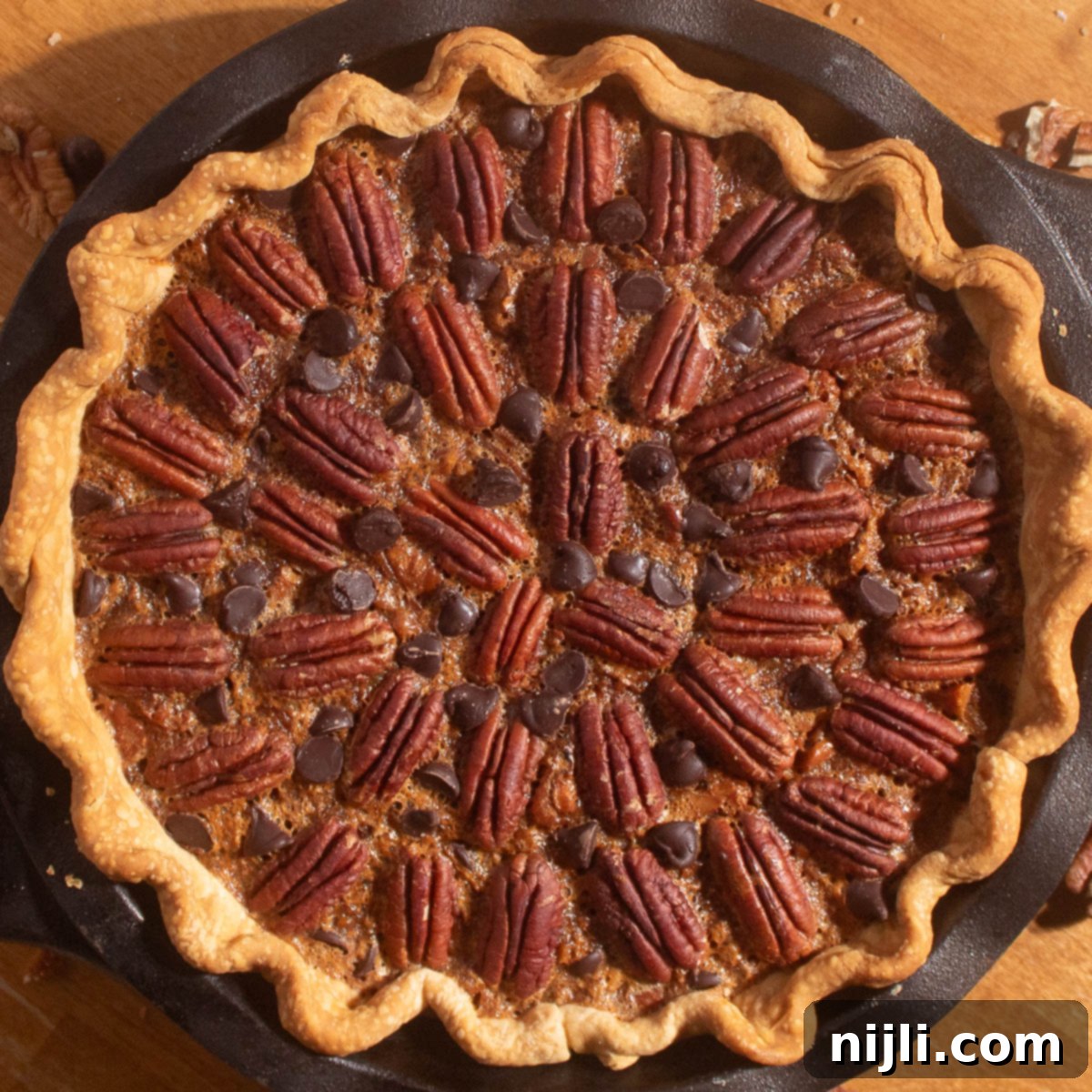 Golden chocolate chip pecan pie recipe baked in a cast iron pan with pecans and chocolate chips on top.