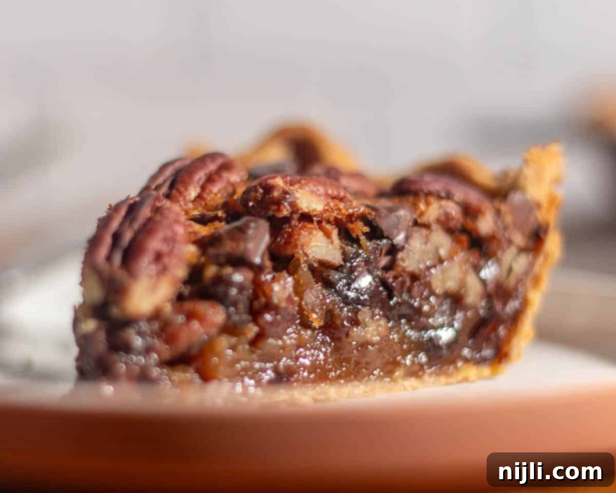Slice of chocolate chip pecan pie recipe with rich chocolate, brown sugar filling, and crisp pie crust.